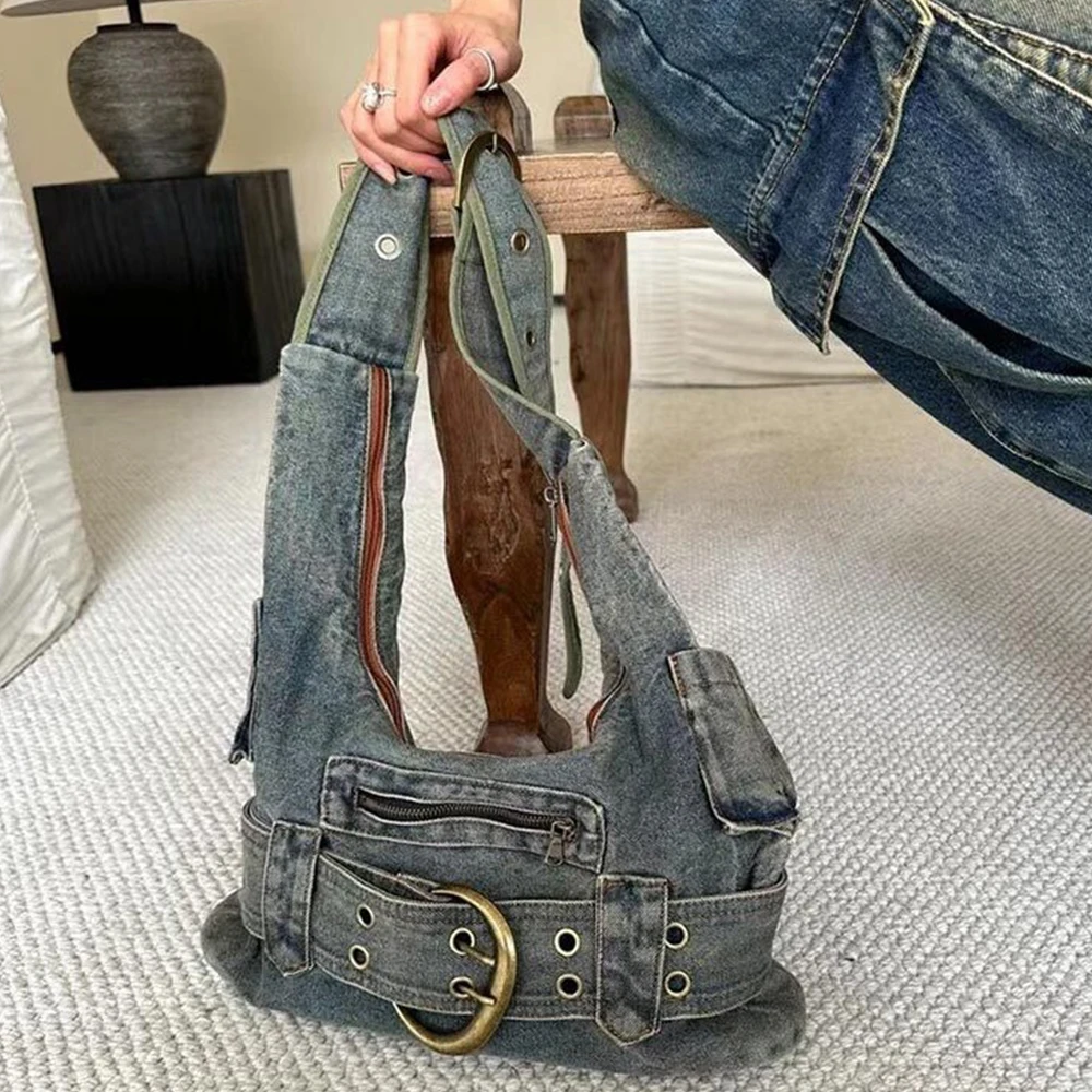 

Luxury Denim Tote Multiple Pockets Women Shoulder Bag Large Canvas Crossbody Bags for Women Designer Shopper Hobos Purses 2024