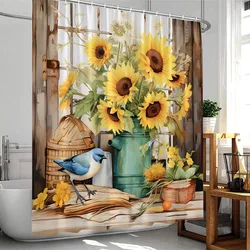 Sunflower Farmhouse Shower Curtain Countryside  Autumn FLowers Birds Butterfly Floral Bathroom Decor Polyester Bathtub Curtain