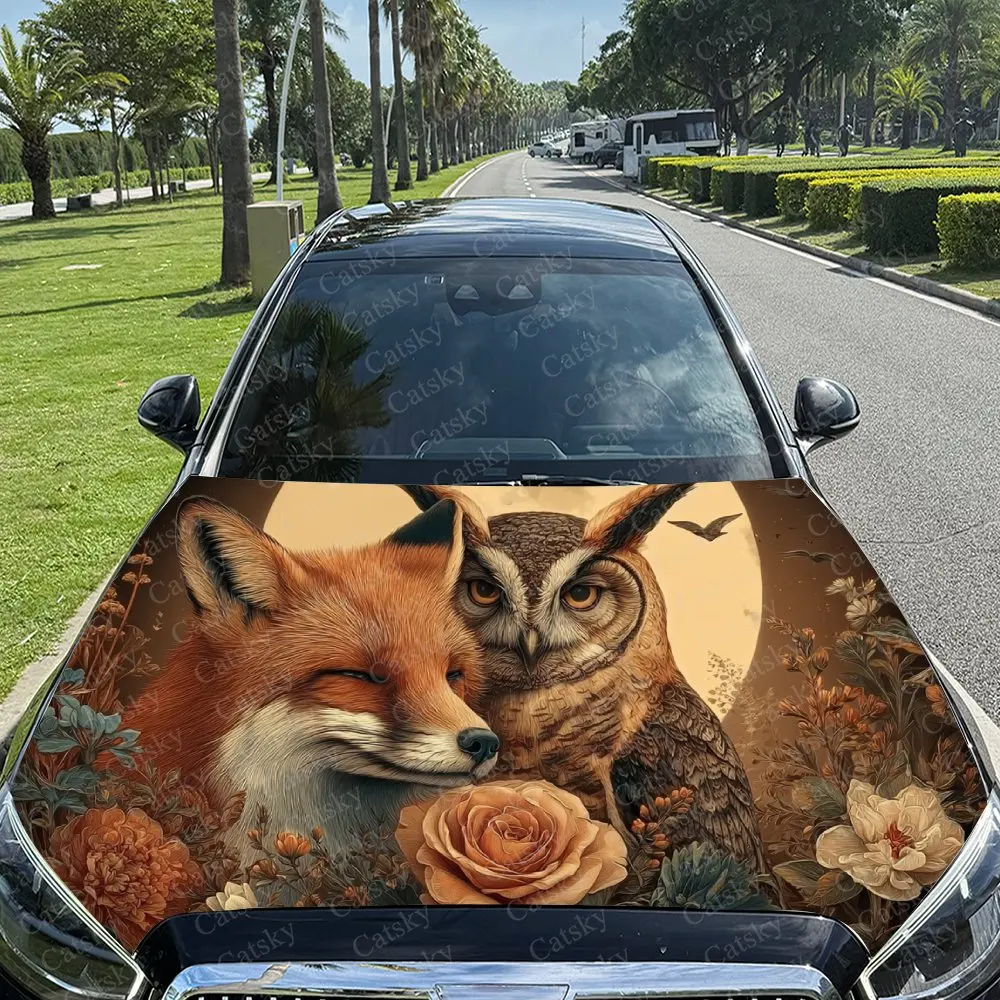 Vintage Fox, Owl & Flowers Car Vinyl Wrap, PVC Material Waterproof Car Hood Sticker, Self-Adhesive Scratch-Resistant Stickers fo