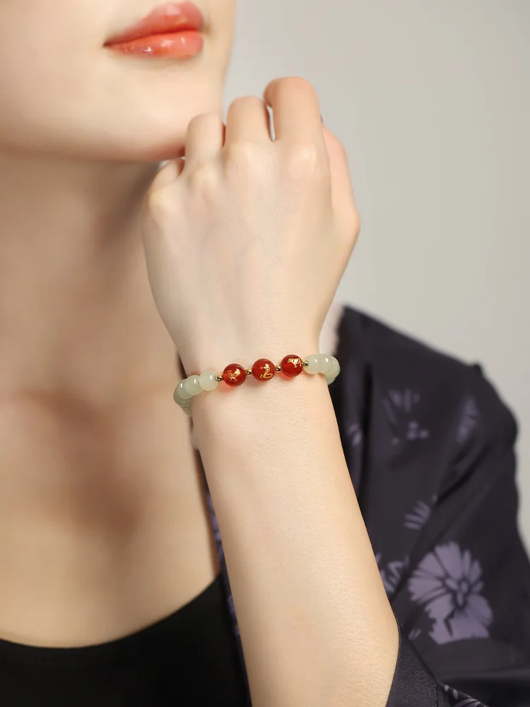 Hetian Jade Zodiac Year Of Rabbit Three- Six-Combination Bead Bracelet Men And Women