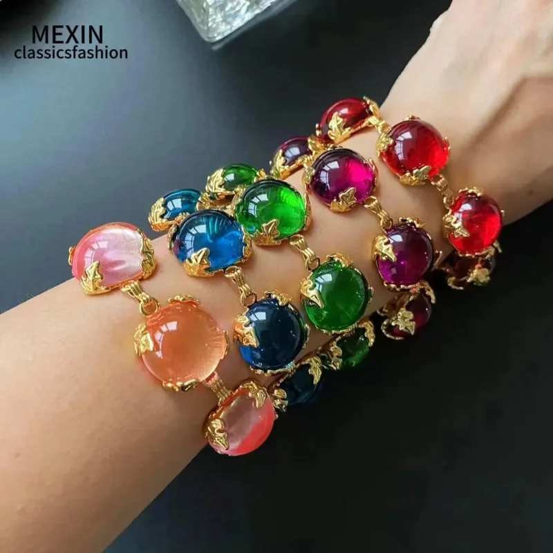 European and American Vintage Three-dimensional Glass Inlaid with Brass Gold-plated Light Luxury Bracelet Jewelry for Women