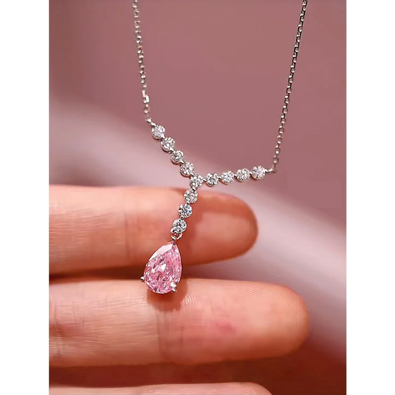 Imagem -02 - Y-shaped Teardrop Colar de Diamante Cadeia Diamante Rosa Elegante Doce Clássico Jóias Simples Prata S925 8x12