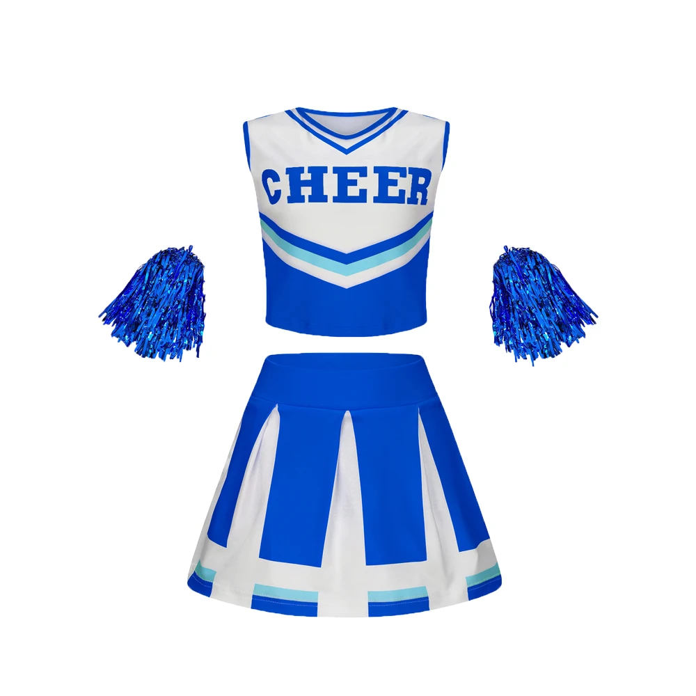 2Pcs Cheerleading Uniformen Ärmel Crop Top Falten Rock Set Kostüm Kinder Mädchen Tanz Kostüm Gedruckt Weste Falten Rock