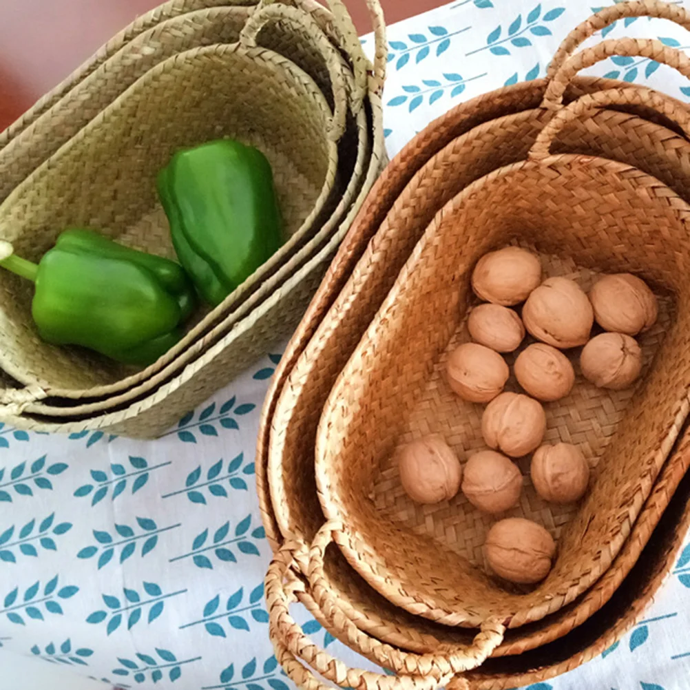 

Handmade Straw Storage Box Basket (original Color) (small Size) Food Tray Flower Rattan Snack Fruit Wooden Hand-Woven