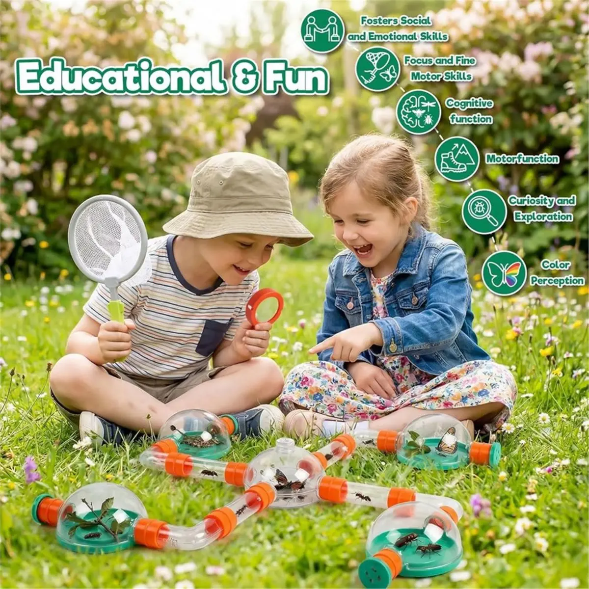 Multi-use Gear Bug Catcher for Kids, Bug Catcher Kit for Kids with Insect Net and Tweezers, Insect Habitat, Outdoor Toy for Ages