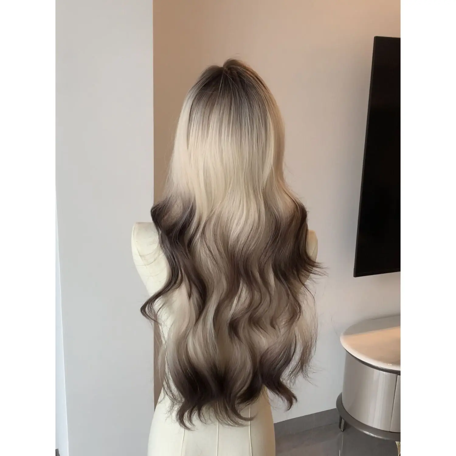 ‌ Siamese kat Ombre haarextensies - lang krullend geweven Paris Balayage, volledige pruik met pony ‌ Kleurverloop geverfd haarstukje