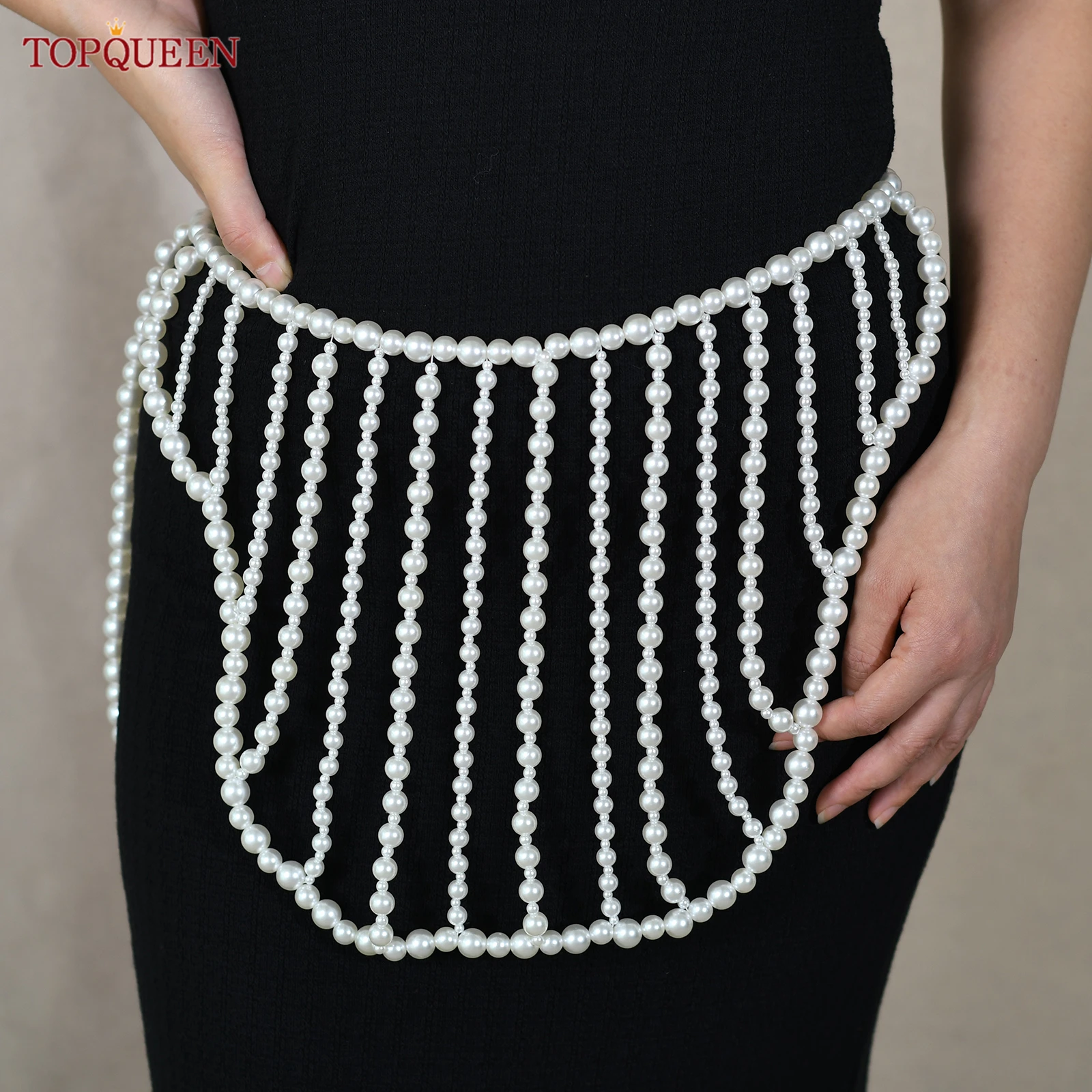 TOPQUEEN Pearl Fringe Style Women's Skirt Short High Waisted Belly Button Chain Sexy Body Accessories Pearl Belt  G108