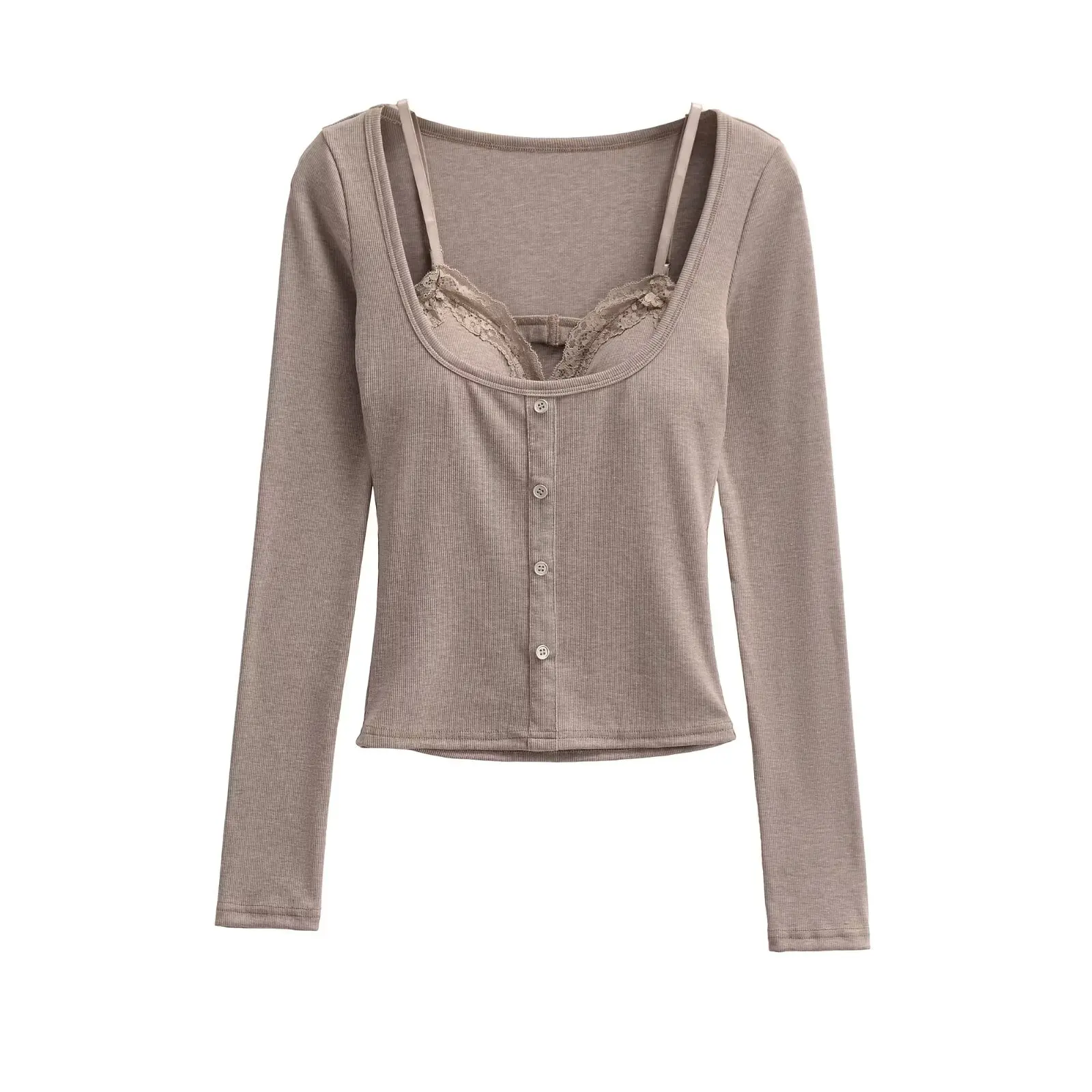 純粋な欲望セクシーなレーススプライスツーピースセットロングスリーブTシャツ女性スリムインナーウェアベースシャツ通勤秋服