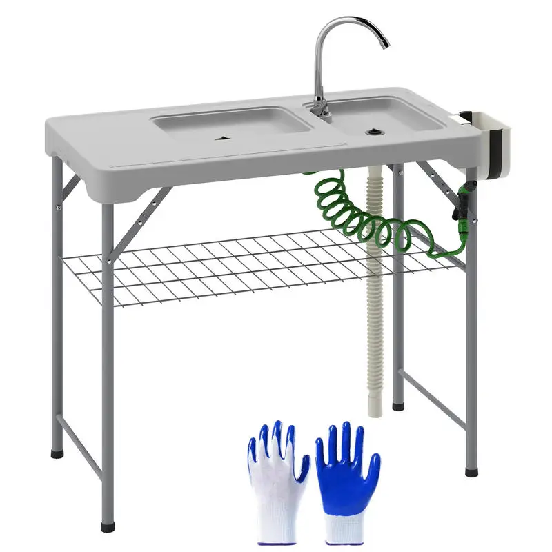 

Folding Fish Cleaning Table with Sinks, Portable Camping Sink Table with Faucet, Drainage Hose, Sprayer, Shelf, Drawer and Storage Basket, Outdoor Fillet Table for Picnic Beach Patio, Gray
