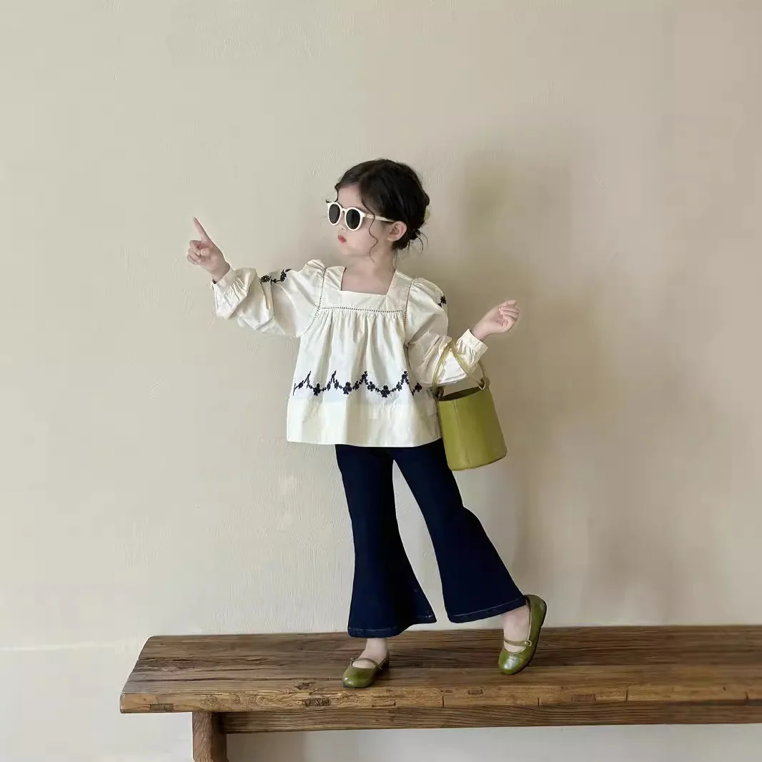 Childrens Sets Korean Shirt New Spring 2024 Collection Girl Sweet Square Neck Doll Shirt Top Versatile Loose Jeans Kids Sets