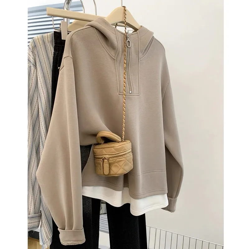 

Американская ретро-толстовка с капюшоном для женщин, зимняя, утепленная флисом, на молнии до середины, свободная верхняя одежда, с длинным рукавом, прямого кроя