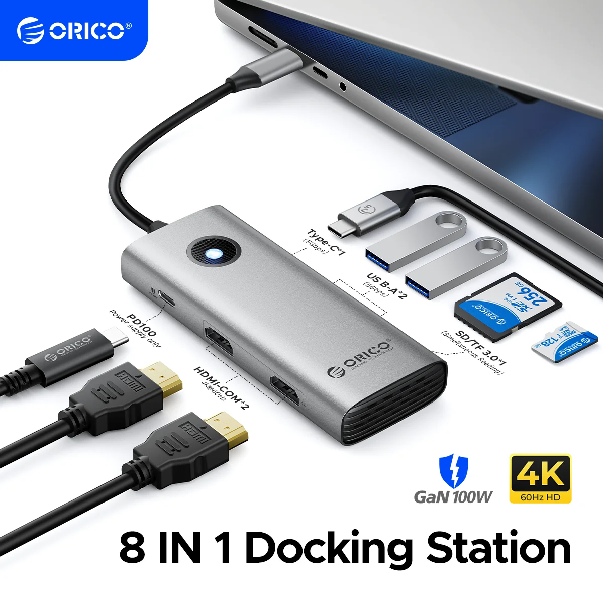 ORICO 8-Port USB 3.0 HUB موسع العرض الثلاثي لمحطة إرساء الكمبيوتر المحمول MacBook اثنين HDMI-COM 4K60HZ PD100W محول الفاصل