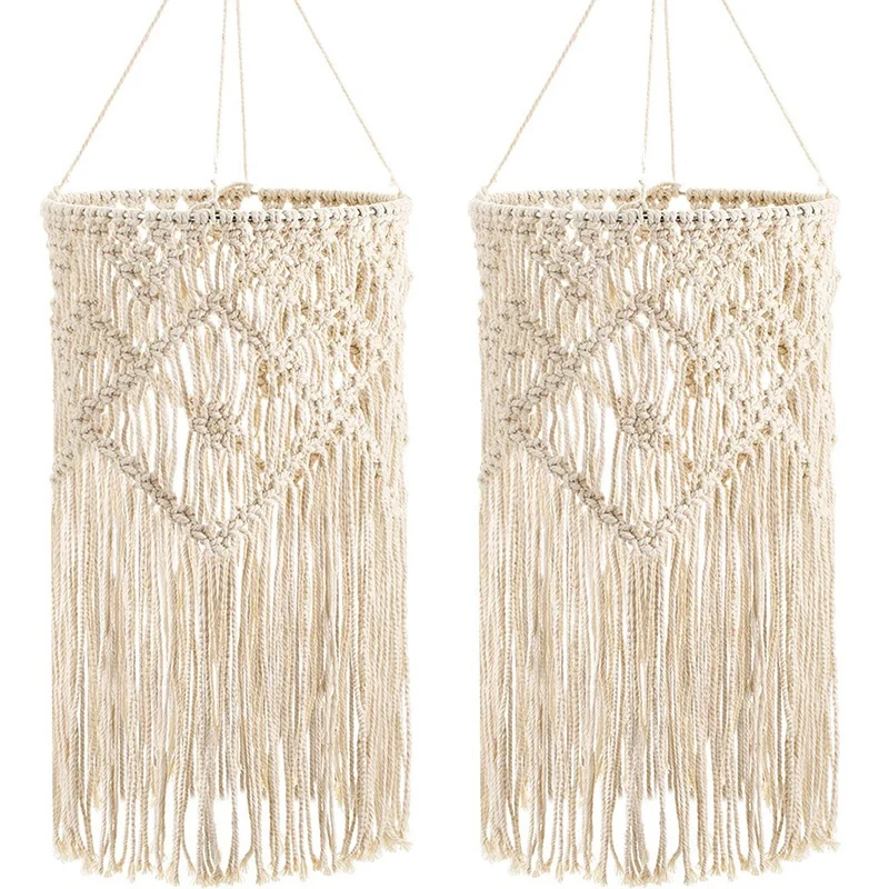 

2X Hand-Woven Living Room Ceiling Lamp Shade Bohemian Tassel Bedroom & Bathroom Lampshade Warm White