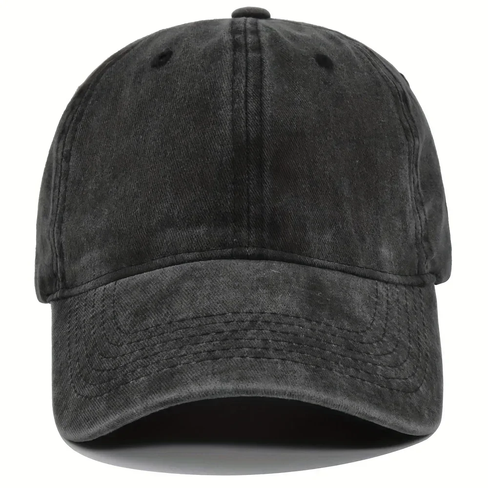 Men's Vintage Washed Baseball Cap - Black Adjustable Snapback Hat with 6 Ventilation Eyelets for Outdoor Casual & Casual Attire