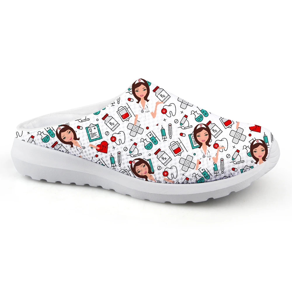 Cartoon Nursing Hospital Print Summer Half Shoes For Women Loafers Slippers Nurse Casual Shoes Ladies Home Sandals Mules Femme