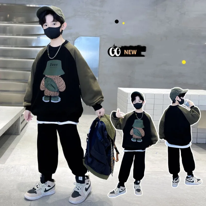 

Spring Autumn Boys Patchwork Cartoon Sweatshirt+Sweatpant Workout Set School Kids 2PCS Tracksuit Children Jogging Outfit 5-16 Yr