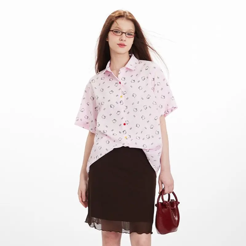 

Sanrio Hello Kitty Print Summer Short Sleeved Shirt Women's Design Sense Colorful Button Loose Top Casual Versatile Niche Blouse