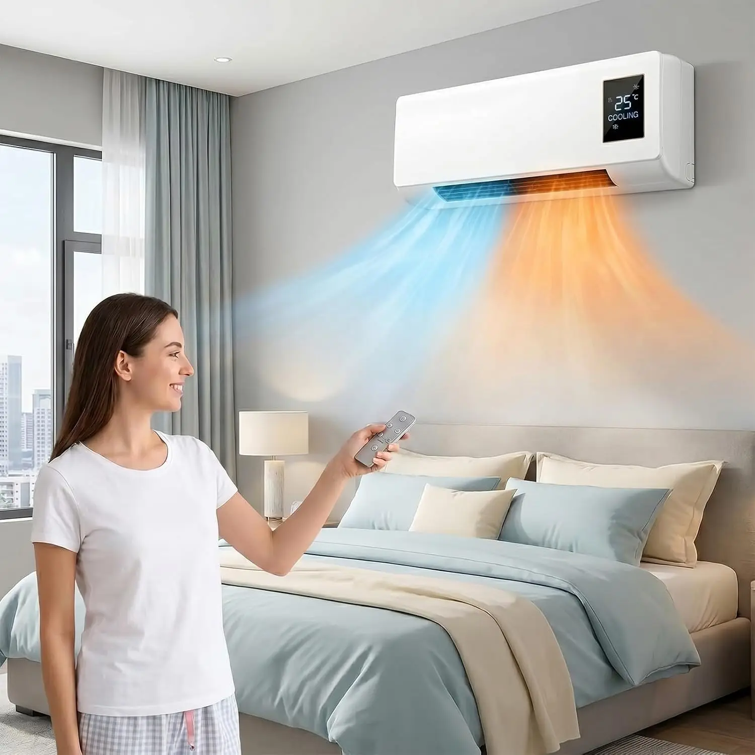 Portable Wall Mounted Air Conditioner Fan, 2 in 1 Ductless Mini AC Fan Unit, Without Window, Quiet Smart Heater and Cooling Combo with Remote Control for Bedroom Office Clothes Rack(White)