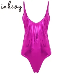 Women Shiny Metallic Bodysuit Swimsuit Sleeveless Backless One-piece Leotard Monokini Jumpsuit Swimwear Pole Dance Clubwear