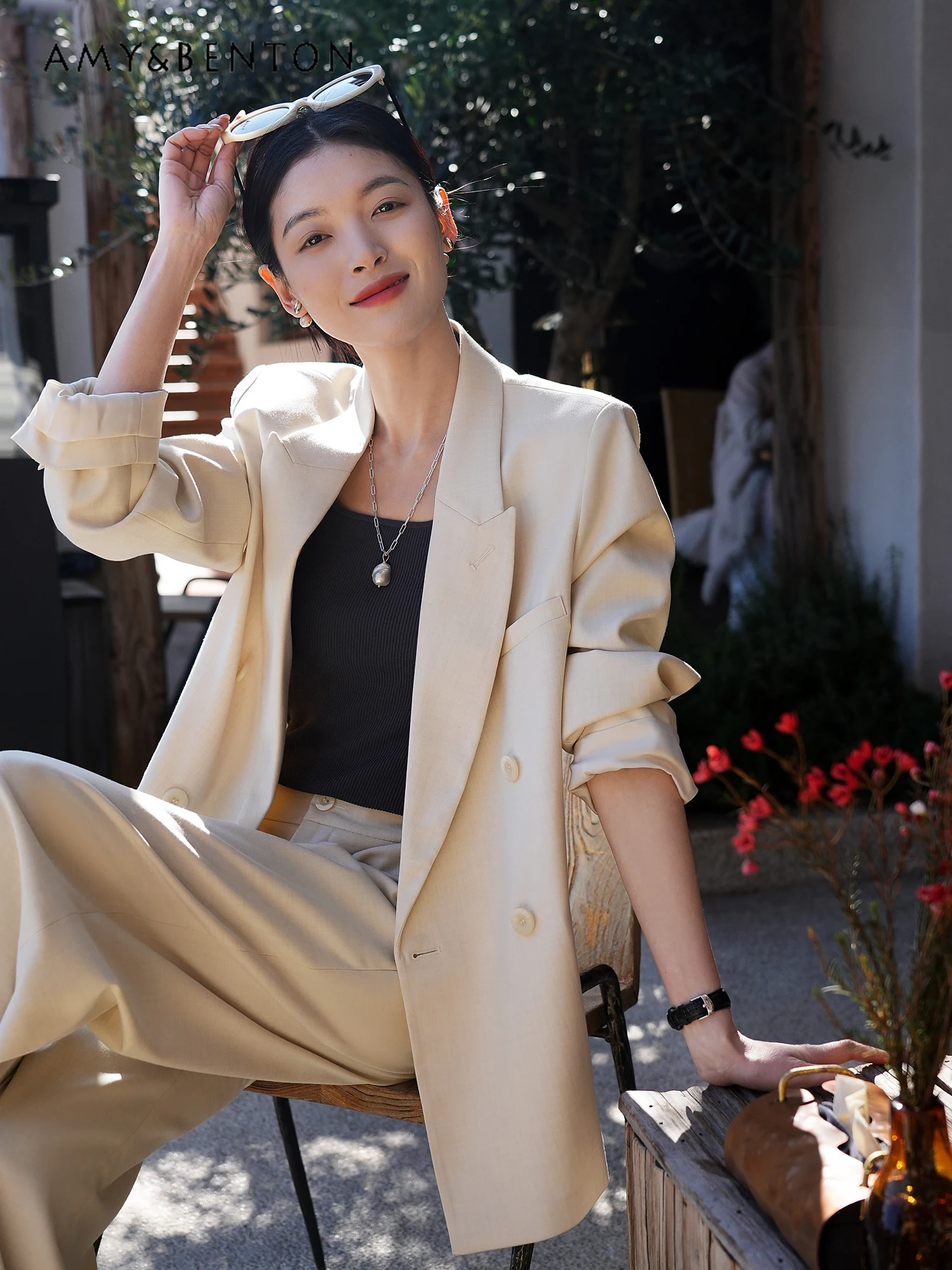 Fashion Commuter Style High End Business Suit Loose Casual Suit Coat Slim Wide Leg Pants Graceful Two Piece Sets Womens Outifits