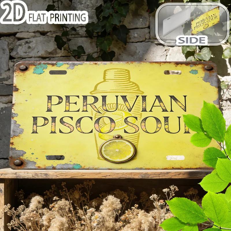 Letrero de Metal - Placa Decorativa con Diseño de Cóctel Pisco Sour Peruano, Decoración de Pared para Hogar, Oficina, Bar o Cuarto de Hombre