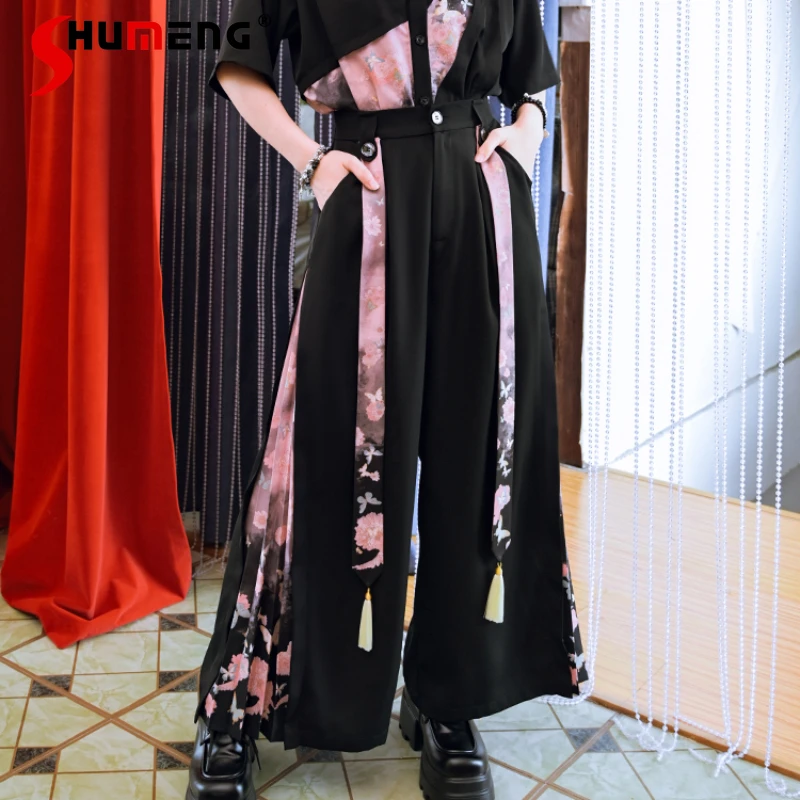 

2024 Summer New Chinese Ink Style Wide-Leg Pants Stitching Pleated High Waist Long Black Trousers Streetwear Women's Clothes