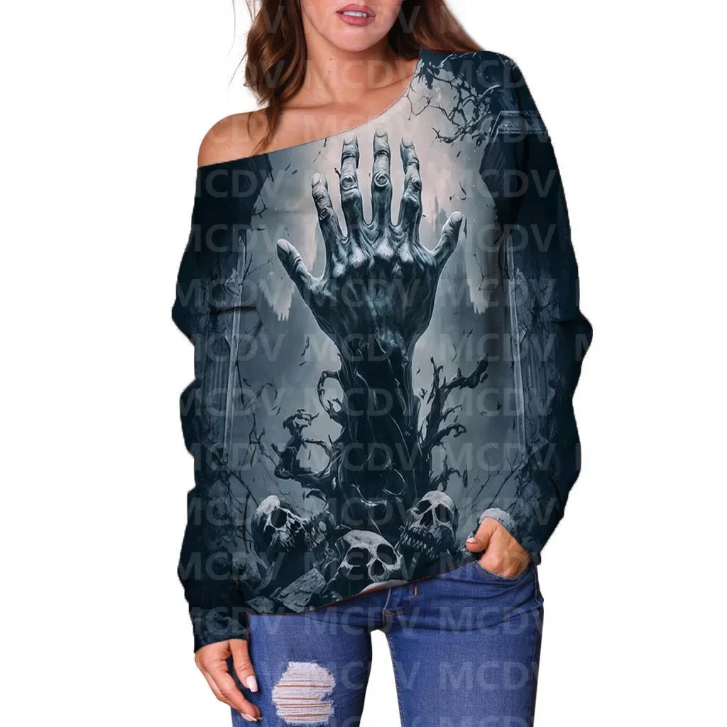 Women's Off Shoulder Sweater Halloween 3D Printed Women Casual Long Sleeve Sweater Pullover