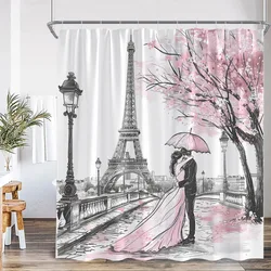 Vintage Paris Tower Shower Curtain City Park Pink Flower Tree Romantic Lovers Modern Art Polyester Fabric Bathroom Curtain Decor