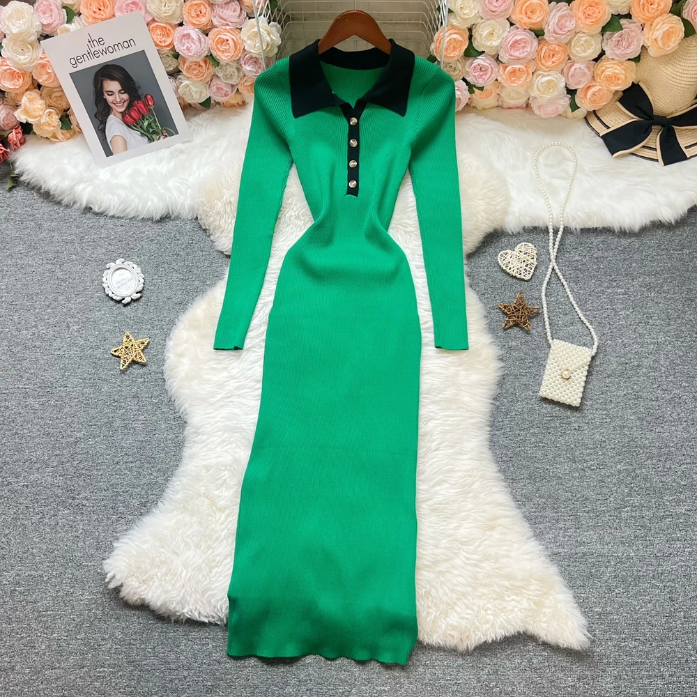 YuooMuoo Elegancka, seksowna sukienka dzianinowa podkreślająca biodra, długa, jesień-zima 2025, z kołnierzykiem, dopasowana sukienka swetrowa, streetwear