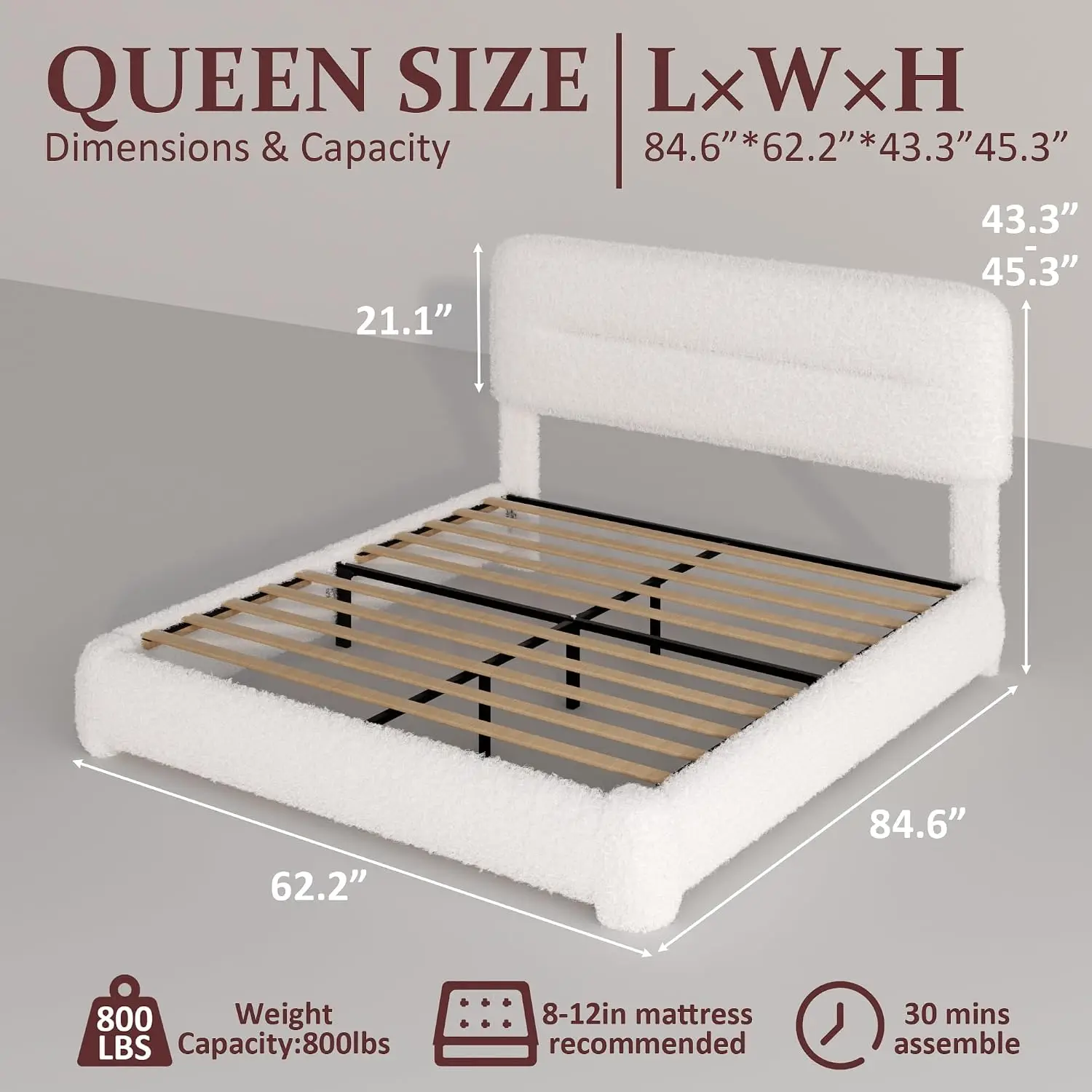 Queen Size Boucle Upholstered Platform Bed with Adjustable Headboard, Rounded Corners, Wood Slat Support, No Box Spring, Noise-F
