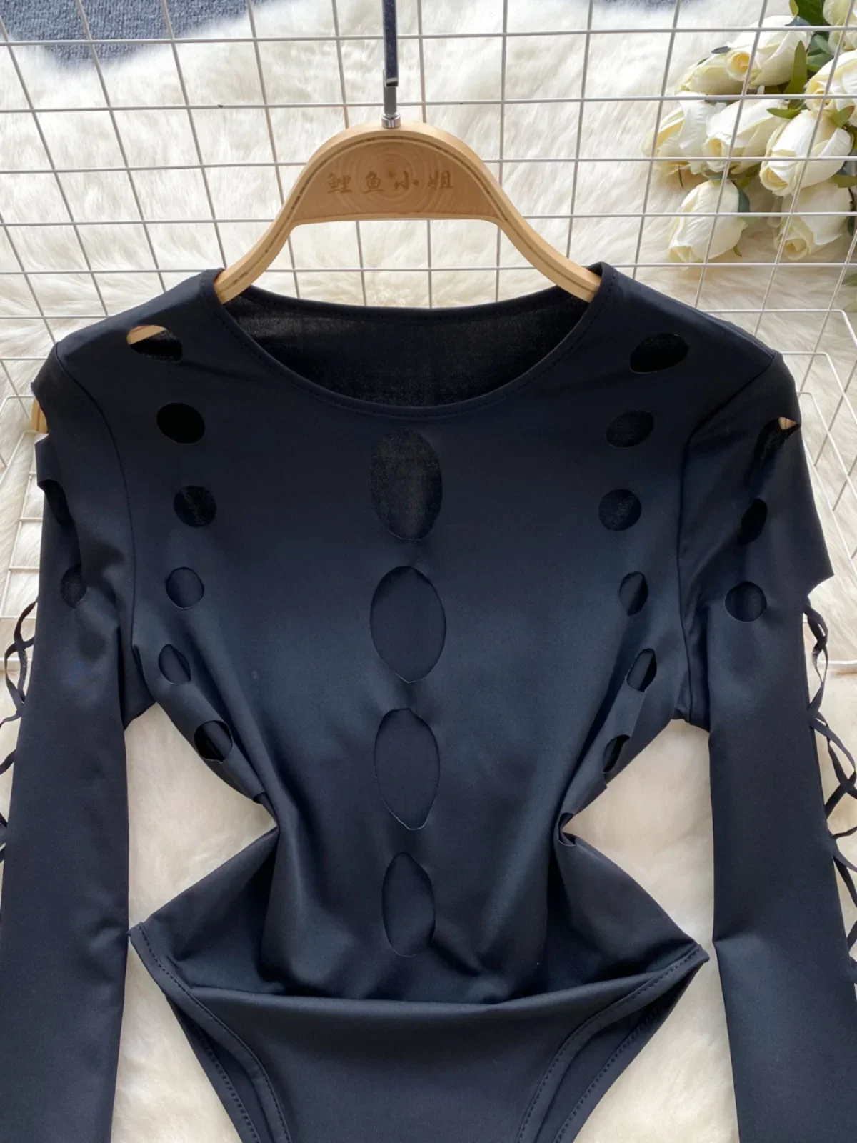 ssTss Fashion American Jumpsuit Female Hollowed Out Long Sleeve Slim Fit One Piece Top Girl's Sexy Base Shirt Bodysuit