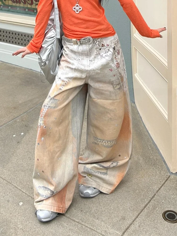 

Американские джинсы с принтом в виде цепей, с высокой талией, широкими штанинами, длиной в пол, дизайнерские, женские, сексуальные, длинные брюки