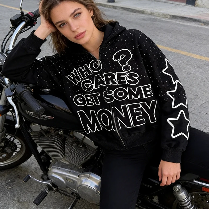 

Creative Polka Dot Letter Printed Loose Long Sleeved Hoodies Autumn Winter Vintage Hip Hop Grunge High Street Casual Zipper Coat
