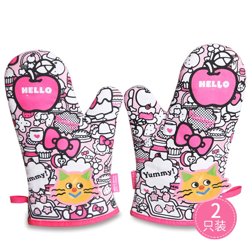 CHEFMADE Oven Gloves Kawaii High Temperature Resistant Oven Gloves Pink Kitty Kitchen Microwave Thickening Anti-scald Oven Mitts