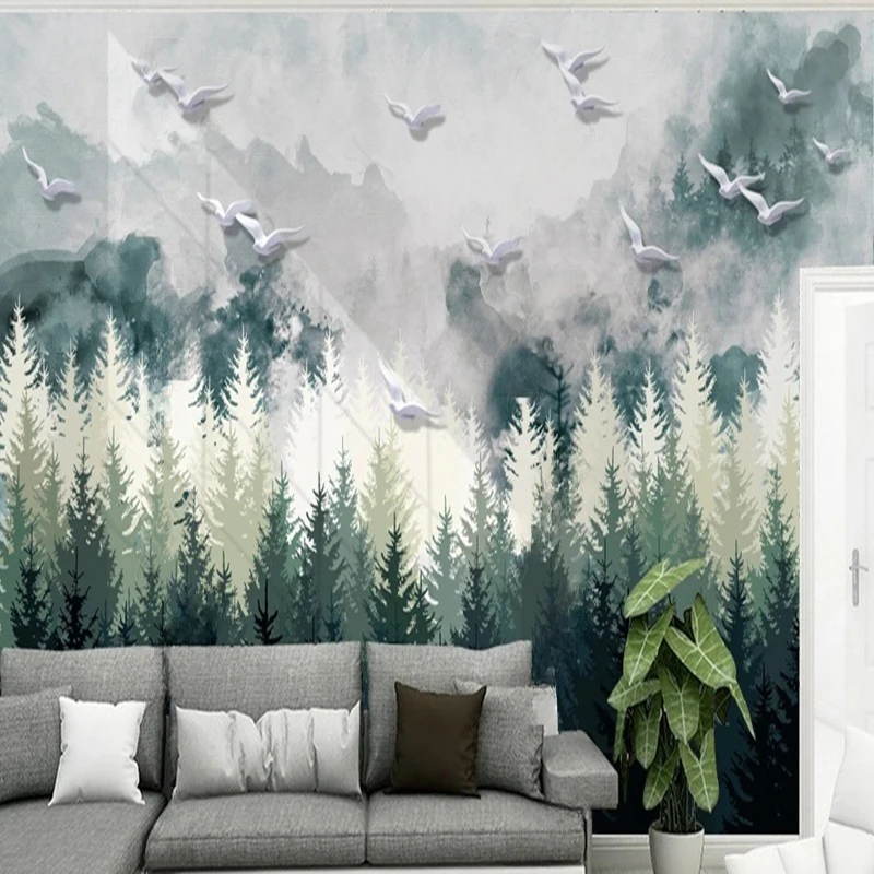 Papel Tapiz Wallpaper Modern Simple Abstract Artistic Ink Landscape Painting Birds Forest Mural Background For Hallway Bedroom