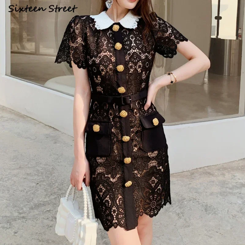 Black Lace Dress Women Vintage Golden Button Turn-down Collar Elegant Bodycon Dress Lady Design Hollow Vestidos Spring 1