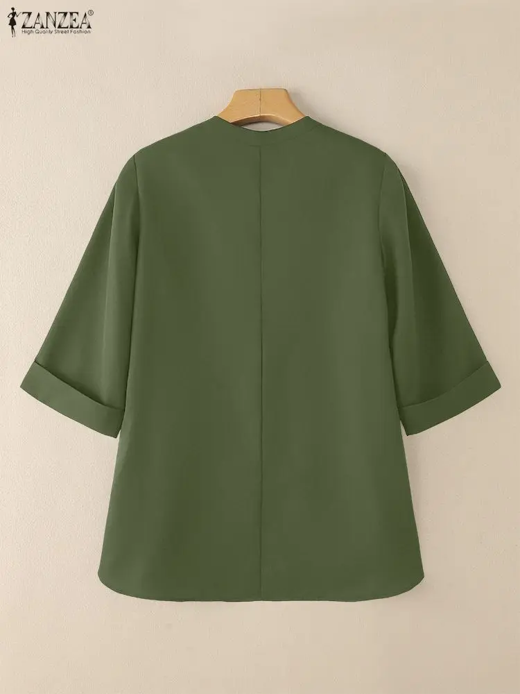 เสื้อเบลาส์ฤดูร้อน ZANZEA 2025 เสื้อทำงานผู้หญิงสไตล์หรูหรา เสื้อลำลองแขน 3/4 สีพื้น เสื้อผู้หญิงติดกระดุมสไตล์วินเทจ