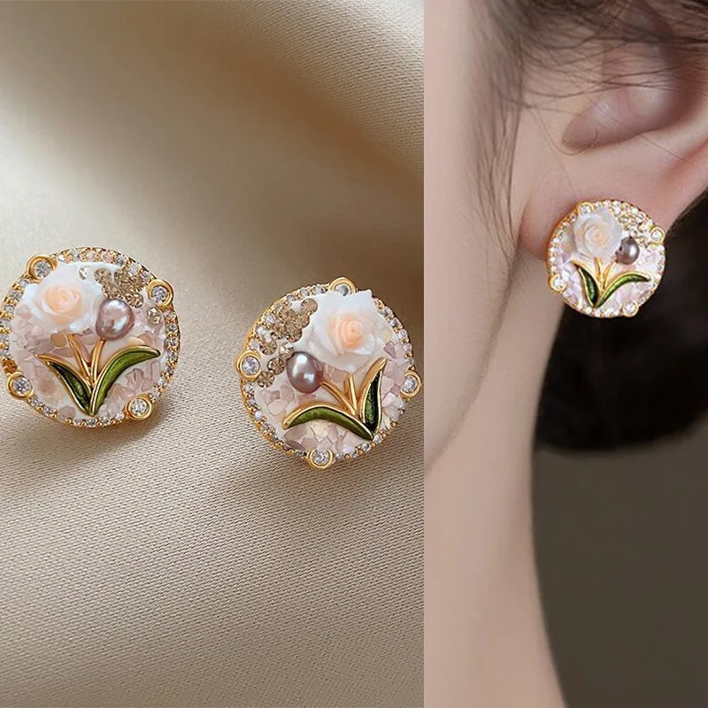 Vintage Monet Garden Enamel Pearl Earrings Women French Oil Painting Style Flower Stud Earrings Aesthetic Retro Jewelry Gift
