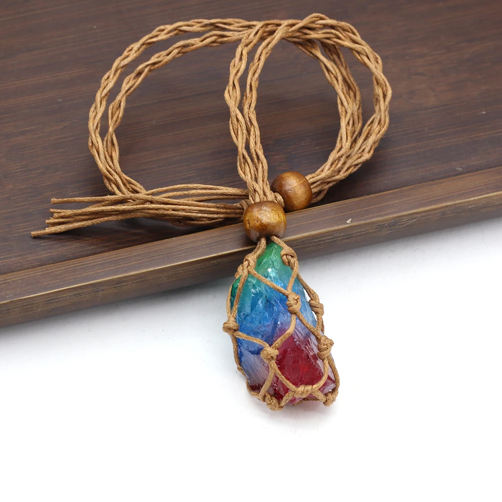 5PCS Irregular Rough Stones Net Pocket Metal Bamboo Chain Necklace Natural Reiki Healing Amethyst Crystals Pendant Necklace Gift