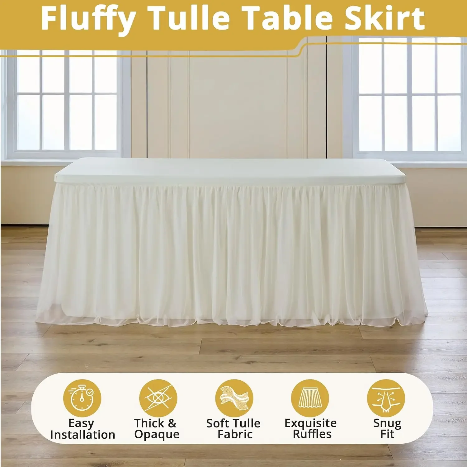 Ivory Tulle Tablecloth for 6 Ft Rectangle Tables 6-Pack, Ideal for Weddings | Double-Layer Table Cover with Tutu Skirt, Wrinkle
