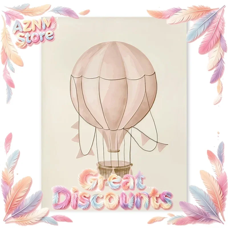 Pink Swan Rabbit Animal Nursery Canvas Printing Easter Cute Rabbit Hot Air Balloon Flower Wall Art Poster for Modern Home Dec