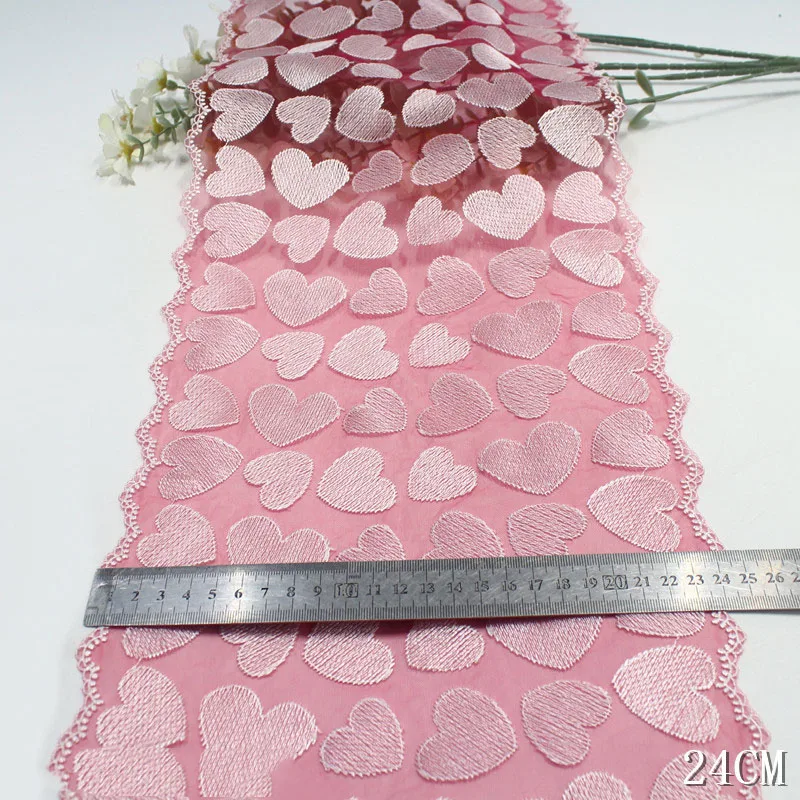 23Yards Embroidered Tulle Lace Trim DIY Dress Sewing Craft Pink Hearts Mesh Bilateral Embroidery Lace for Needle Work