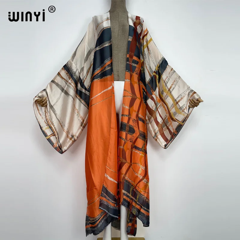 

WINYI 2022 Boho Printed Long Kimono Dress Bikini Wrap Silky Cover-ups Women Summer Clothes Beach Wear Swim Suit holiday kaftan