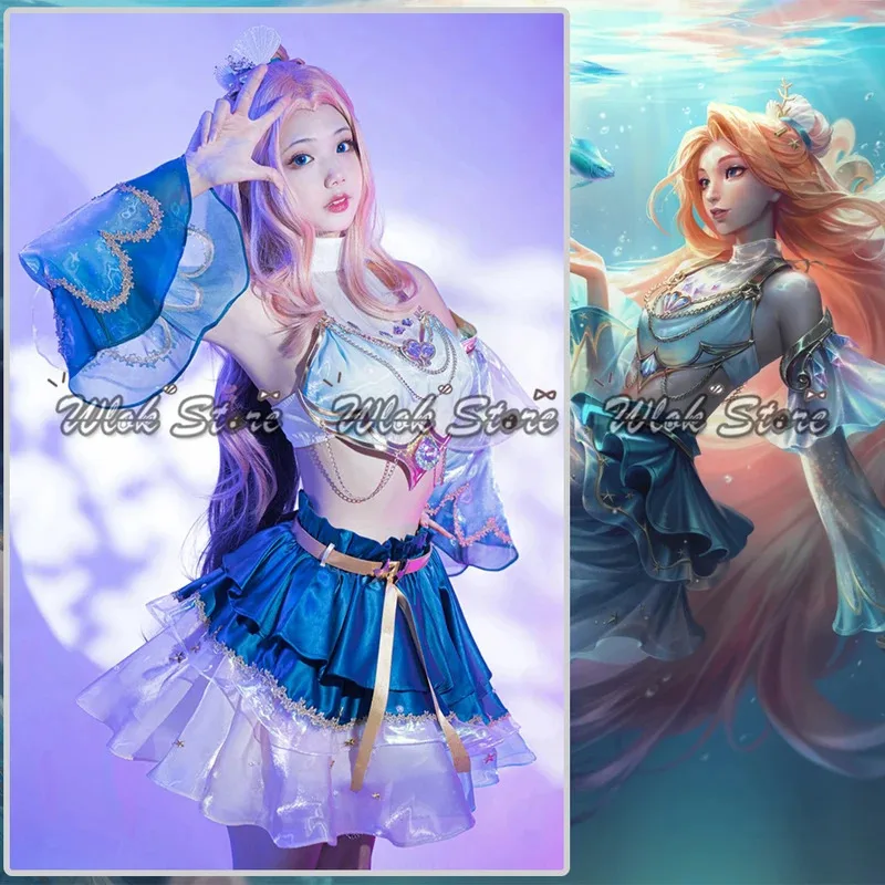 

Game LOL Ocean Song Seraphine Cosplay Costume Dress Shell Hairclips Women Halloween Party Carnival Roleplay Outfits Wig Shoes