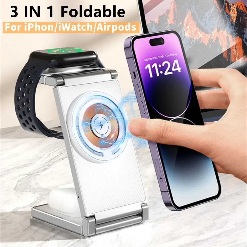 

Newest 3 IN 1 Magnetic Wireless Charger For iPhone 15 14 13 12 Pro Max Fast Charging Dock Station For Airpods Apple Watch SE 8 7