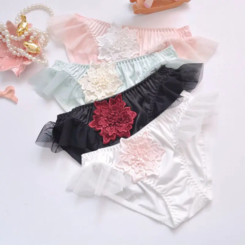 Embroidery Flower Milk Silk Women Underwear High Elasticity Seamless Breathable Cute Lovely Sweety Mesh Panties Breifs