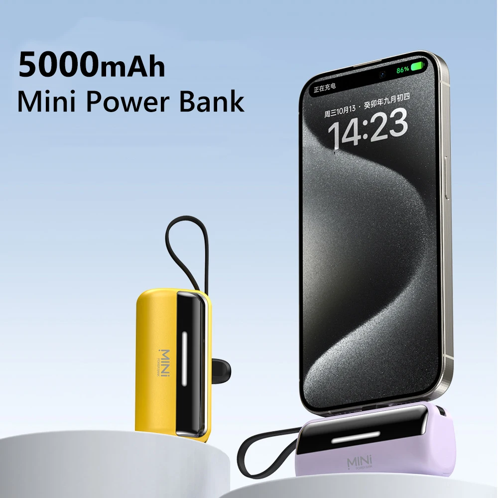 

Mini Power Bank 5000mAh with USB-C Cable PD22.5W Fast Charging PowerBank For iPhone 17 Pro 16 15 Samsung Xiaomi External Battery