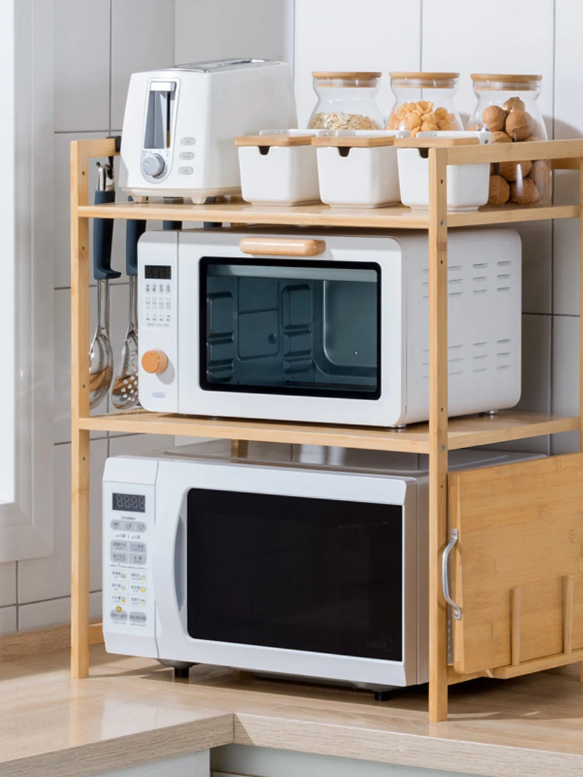 

Подставка для микроволновой печи и специй на кухонную столешницу, двухъярусная, из бамбукового дерева, простой современный прямоугольный дизайн