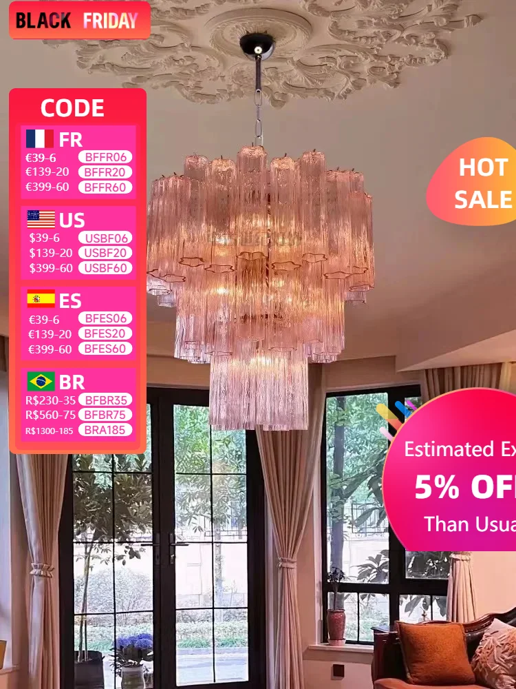 Italian Designer Vintage Texture Glass Ceiling Chandeliers Transparent Pink Home Decoration Hanging Lamps for Living Room Lustre