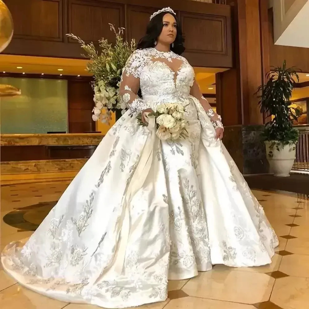 

Plus Size Mermaid Long Sleeves Wedding Dresses Jewel Neck Beaded Bridal Gowns Detachable Train Appliqued Trumpet Satin robe